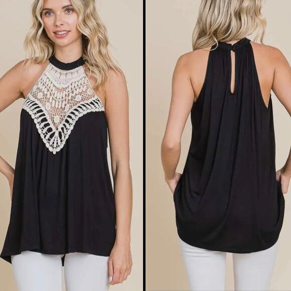 Culture Code Top LARGE Black Crochet Halter Jersey Knit Keyhole Flowy Chic NEW - Picture 1 of 11